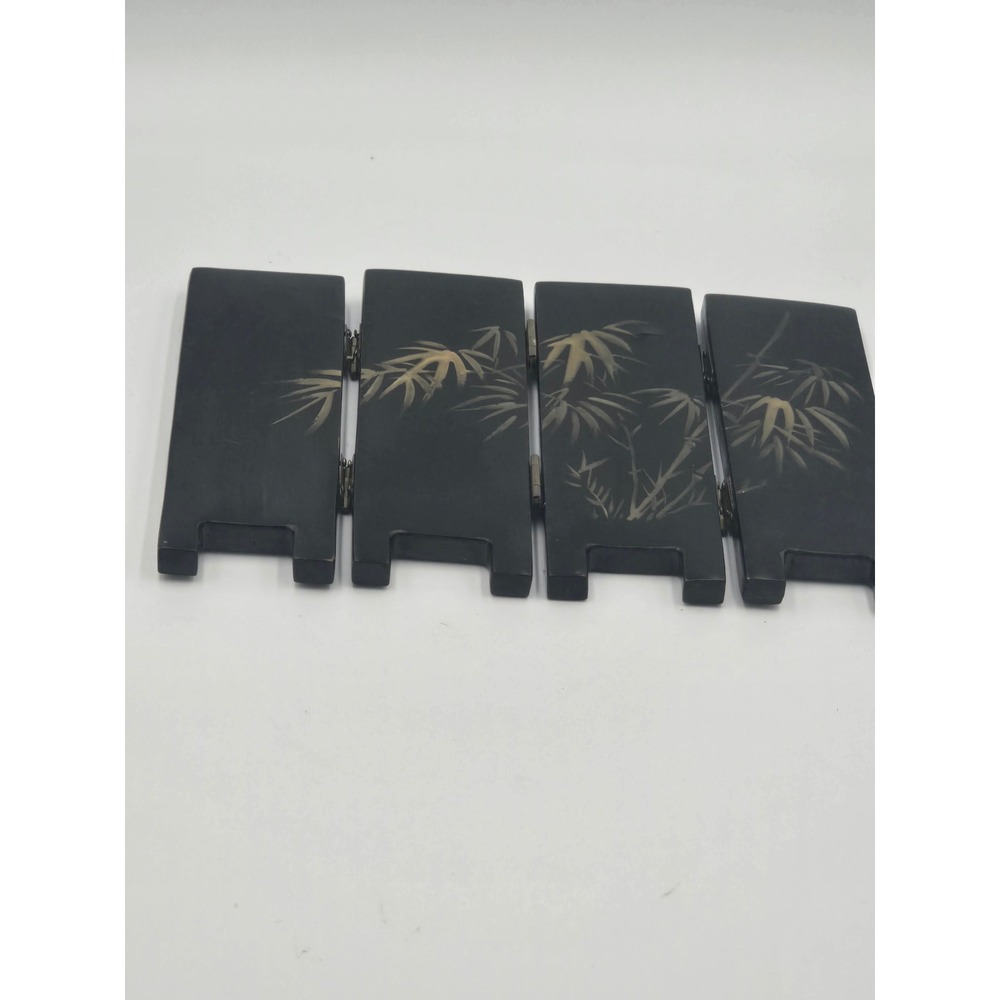 Vintage Black Lacquer Mother of Pearl Inlay 4 Panel Mini Table Screen Deer Crane - Picture 8 of 14